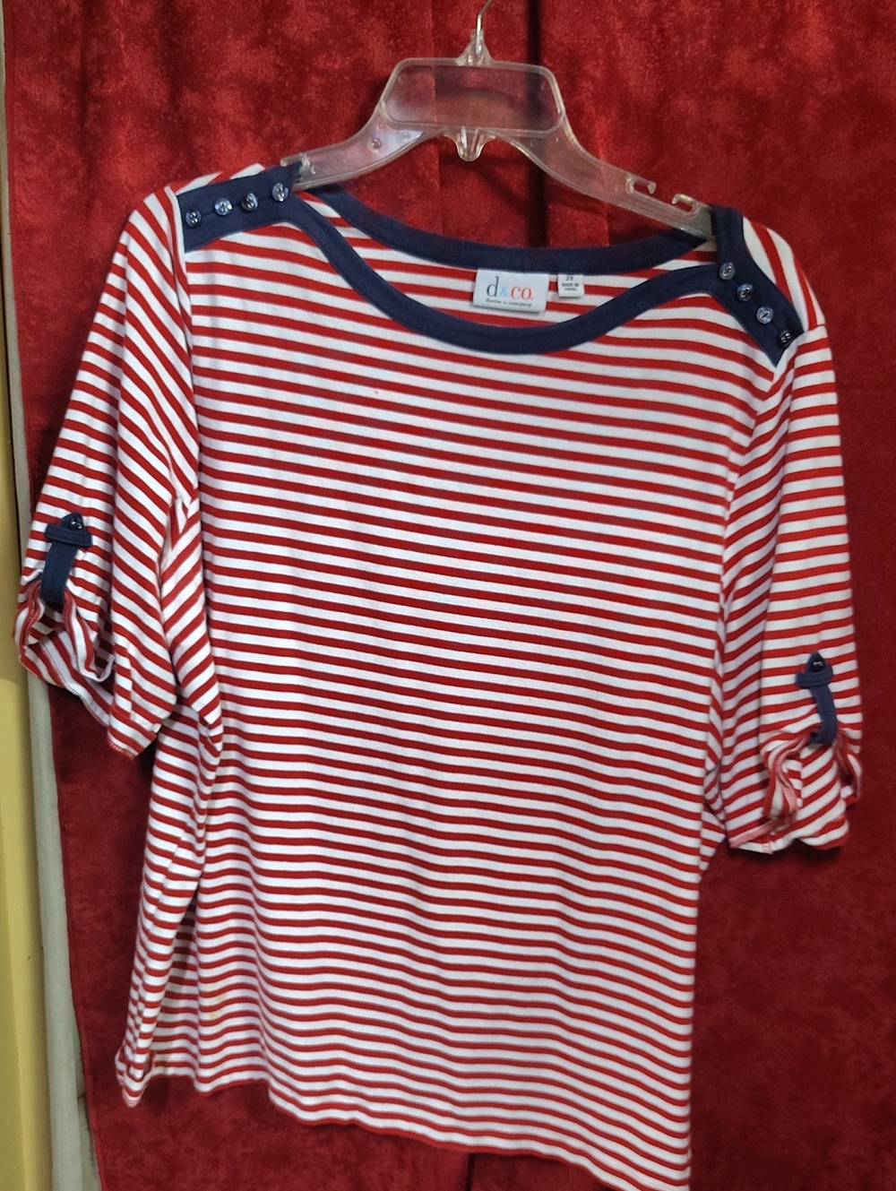d.co Red & White Striped Short Sleeve Top with Navy Trim